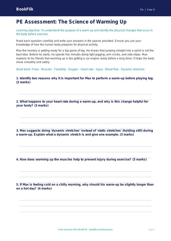 Warm Up Assessment for Class 4 PE | Free Download | BookFlik worksheet preview — Pe Warm Up