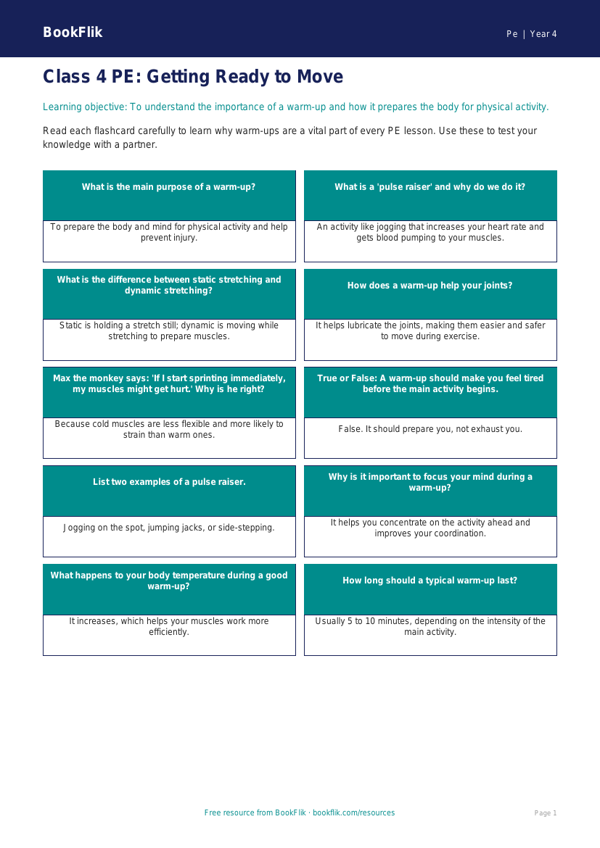Free Warm-Up Flashcards for Class 4 PE | BookFlik worksheet preview — Pe Warm Up