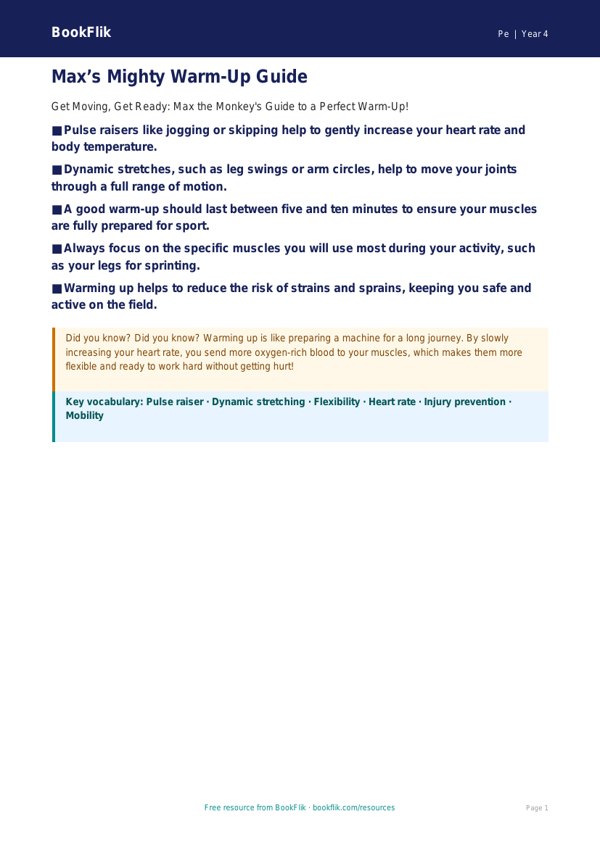 Free Warm Up Poster for Class 4 Physical Education | BookFlik worksheet preview — Pe Warm Up