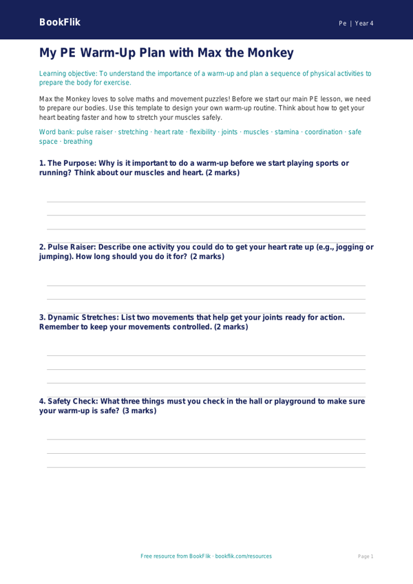 Free Physical Education Warm Up Template for Class 4 | BookFlik worksheet preview — Pe Warm Up