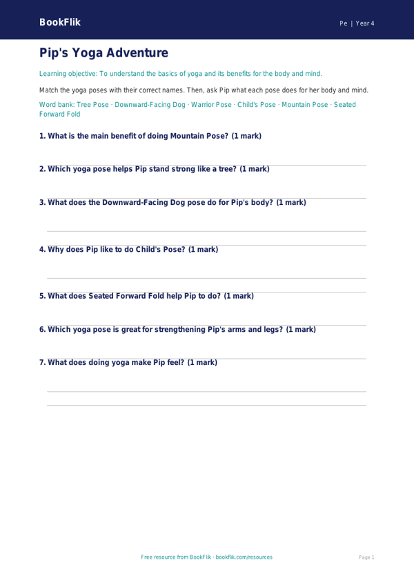 Free Yoga Activity Sheet for Class 4 | BookFlik worksheet preview — Pe Yoga