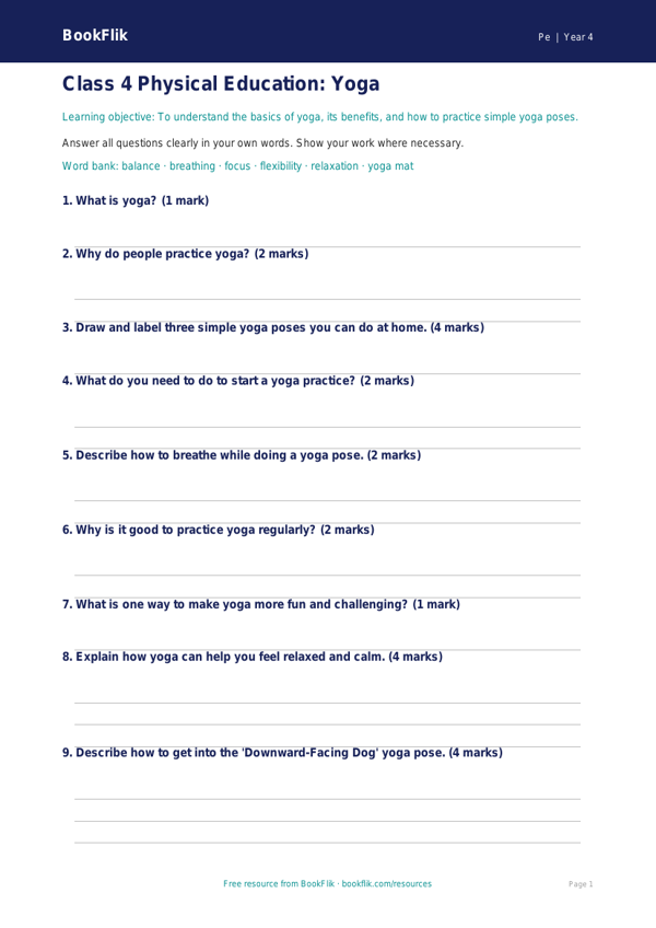 Free Yoga Assessment for Class 4 Students | BookFlik worksheet preview — Pe Yoga