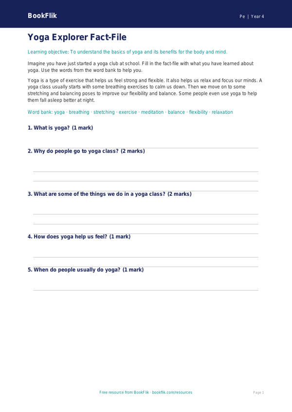 Free Yoga Template for Class 4 Students | BookFlik worksheet preview — Pe Yoga