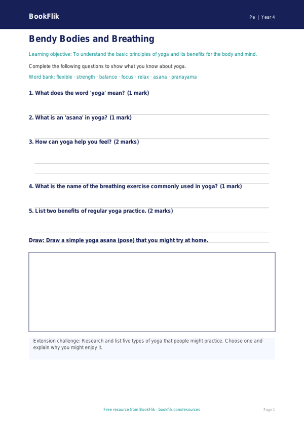Free Yoga Worksheet for Class 4 Students | BookFlik worksheet preview — Pe Yoga