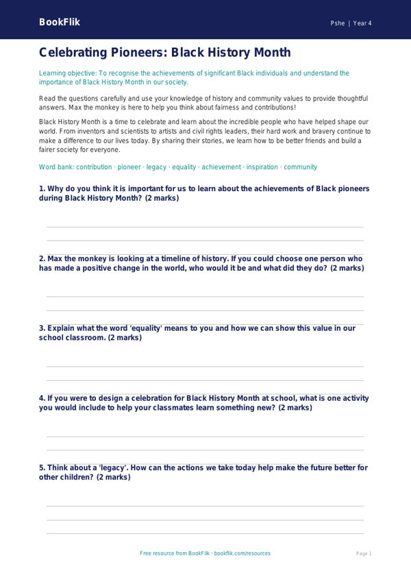 Free Black History Month Worksheet for Class 4 Students | BookFlik worksheet preview — Pshe Black History Month