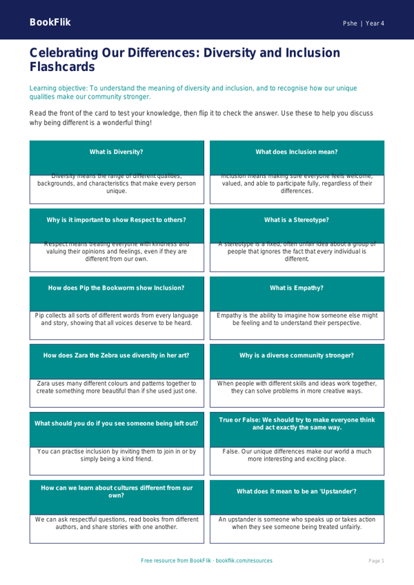 Free Diversity And Inclusion Flashcards | Class 4 | Life Skills | BookFlik worksheet preview — Pshe Diversity And Inclusion