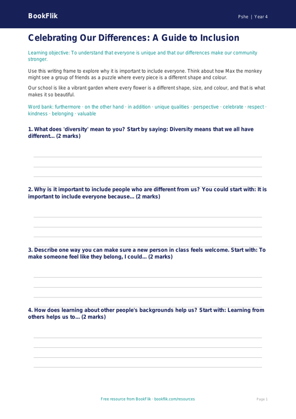 Free Diversity And Inclusion Writing Frame | Class 4 | Life Skills | BookFlik worksheet preview — Pshe Diversity And Inclusion