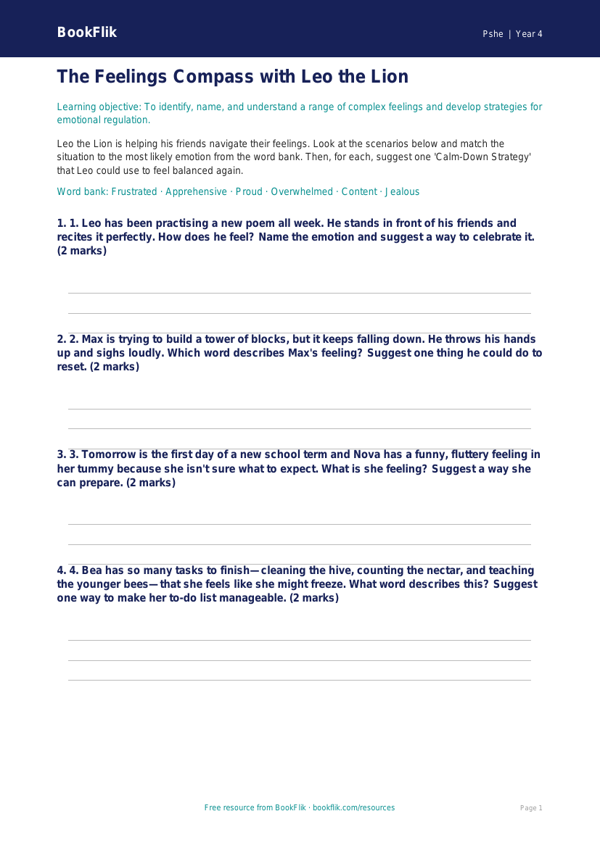 Free Feelings Activity Sheet | Class 4 | Life Skills | BookFlik worksheet preview — Pshe Feelings