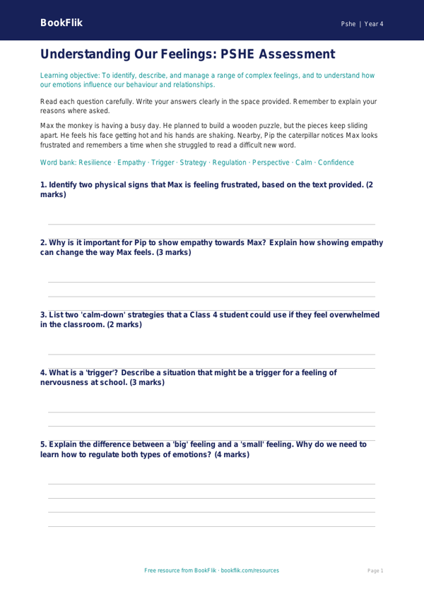 Free Feelings Assessment | Class 4 | Life Skills | BookFlik worksheet preview — Pshe Feelings
