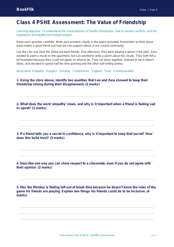 Friendship Assessment for Class 4 | Life Skills CBSE | BookFlik worksheet preview — Pshe Friendship