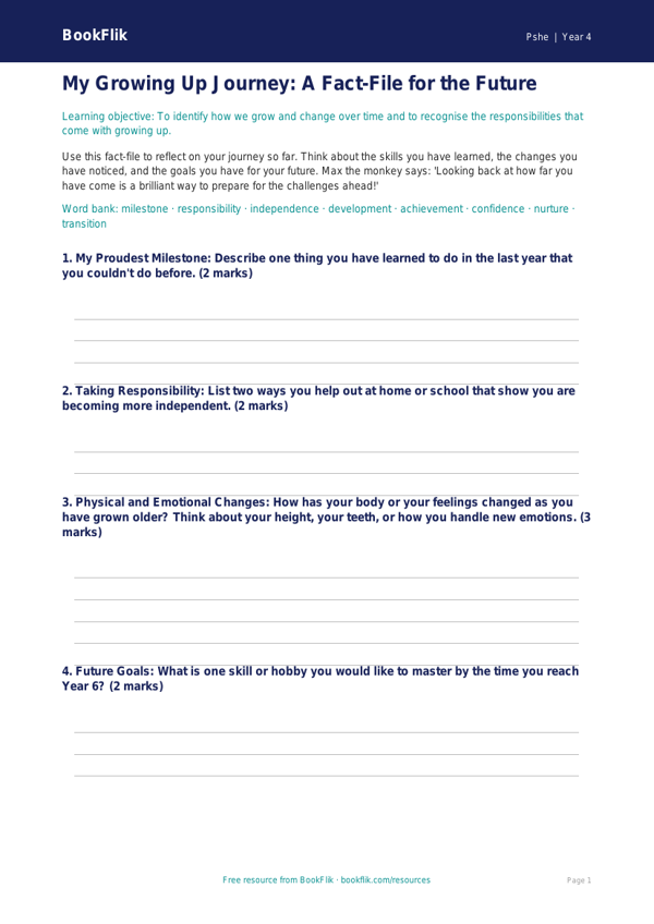 Growing Up Template for Class 4 | CBSE Life Skills Worksheet | BookFlik worksheet preview — Pshe Growing Up