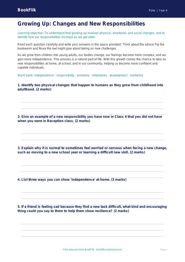 Free Growing Up Worksheet | Class 4 | Life Skills | BookFlik worksheet preview — Pshe Growing Up