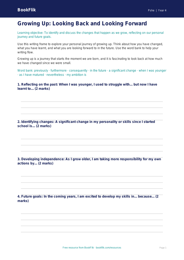 Free Growing Up Writing Frame | Class 4 | Life Skills | BookFlik worksheet preview — Pshe Growing Up