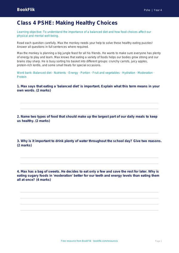 Free Healthy Eating Assessment | Class 4 | Life Skills | BookFlik worksheet preview — Pshe Healthy Eating