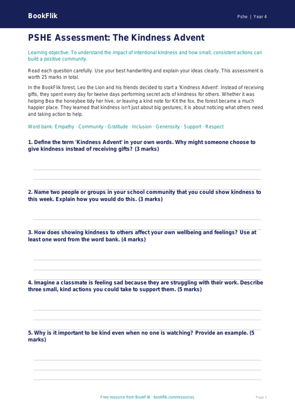 Free Kindness Advent Assessment for Class 4 | BookFlik worksheet preview — Pshe Kindness Advent