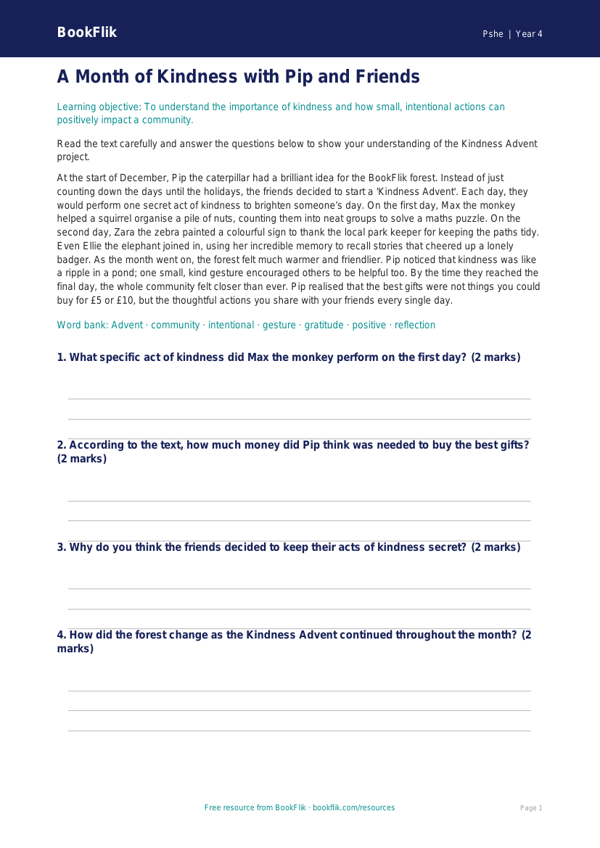 Free Kindness Advent Comprehension for Class 4 Students | BookFlik worksheet preview — Pshe Kindness Advent
