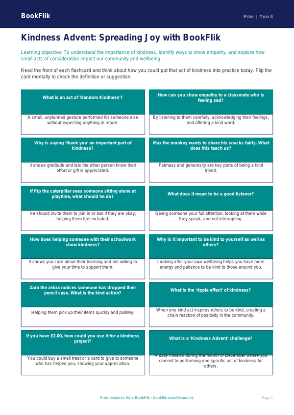 Life Skills kindness advent flashcards class 4 core worksheet preview — Pshe Kindness Advent