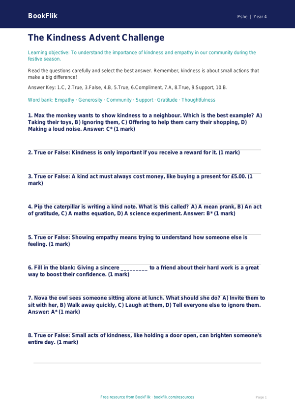 Free Kindness Advent Quiz for Class 4 | Life Skills | BookFlik worksheet preview — Pshe Kindness Advent