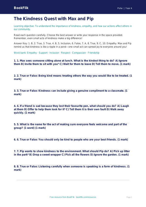 Free Kindness Quiz | Class 4 | Life Skills | BookFlik worksheet preview — Pshe Kindness