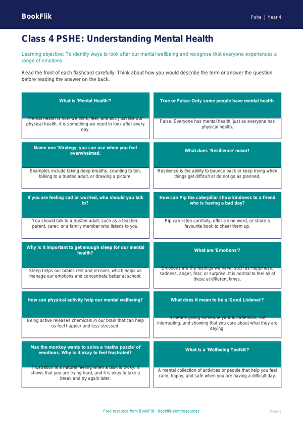 Free Mental Health Flashcards for Class 4 | Life Skills | BookFlik worksheet preview — Pshe Mental Health