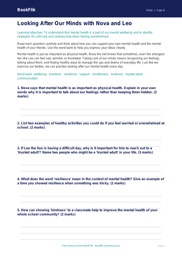 Mental Health Awareness Worksheet for Class 4 Students | BookFlik worksheet preview — Pshe Mental Health
