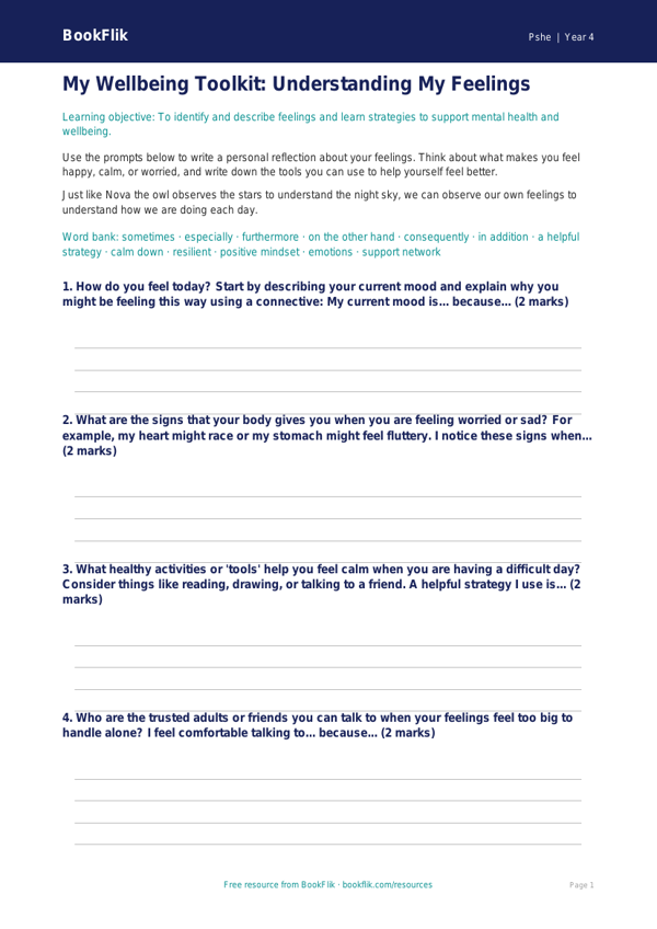 Free Mental Health Writing Frame for Class 4 Students | BookFlik worksheet preview — Pshe Mental Health