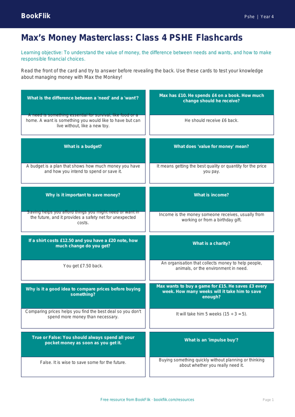 Money Flashcards for Class 4 Maths | CBSE Life Skills | BookFlik worksheet preview — Pshe Money