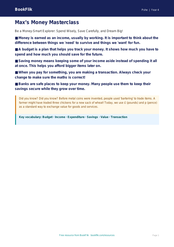 Free Money Poster | Class 4 | Life Skills | BookFlik worksheet preview — Pshe Money