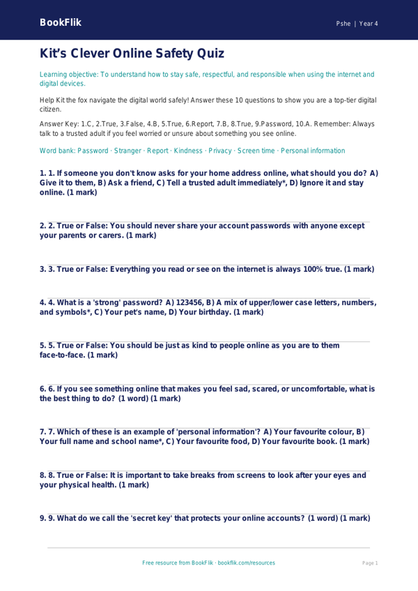 Free Online Safety Quiz | Class 4 | Life Skills | BookFlik worksheet preview — Pshe Online Safety