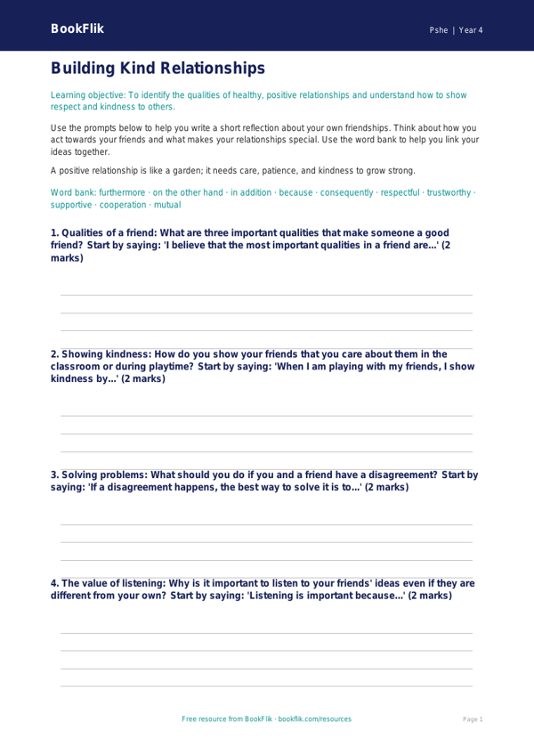 Free Relationships Writing Frame | Class 4 | Life Skills | BookFlik worksheet preview — Pshe Relationships