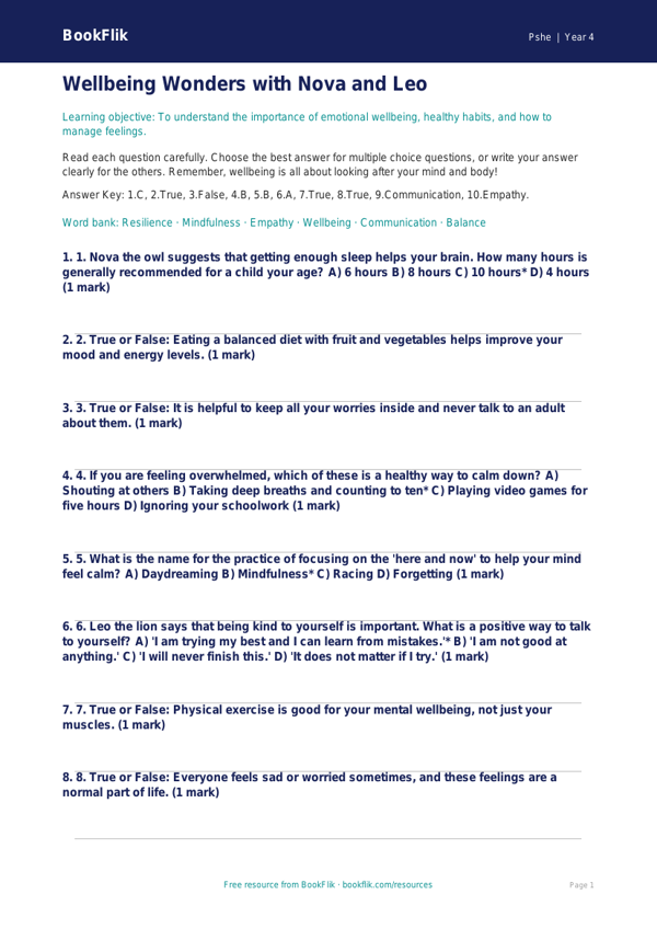 Free Wellbeing Quiz for Class 4 Students | BookFlik worksheet preview — Pshe Wellbeing