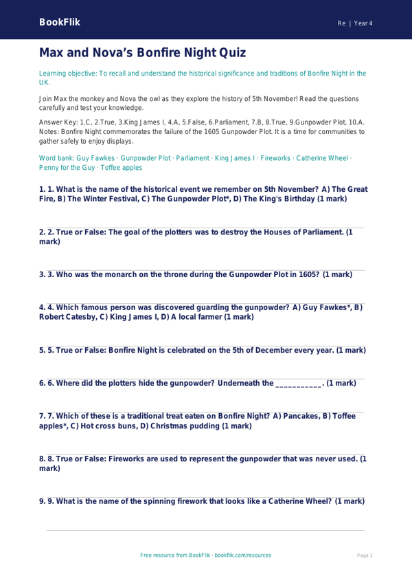 Bonfire Night Quiz for Class 4 | EVS & Moral Education | BookFlik worksheet preview — Re Bonfire Night