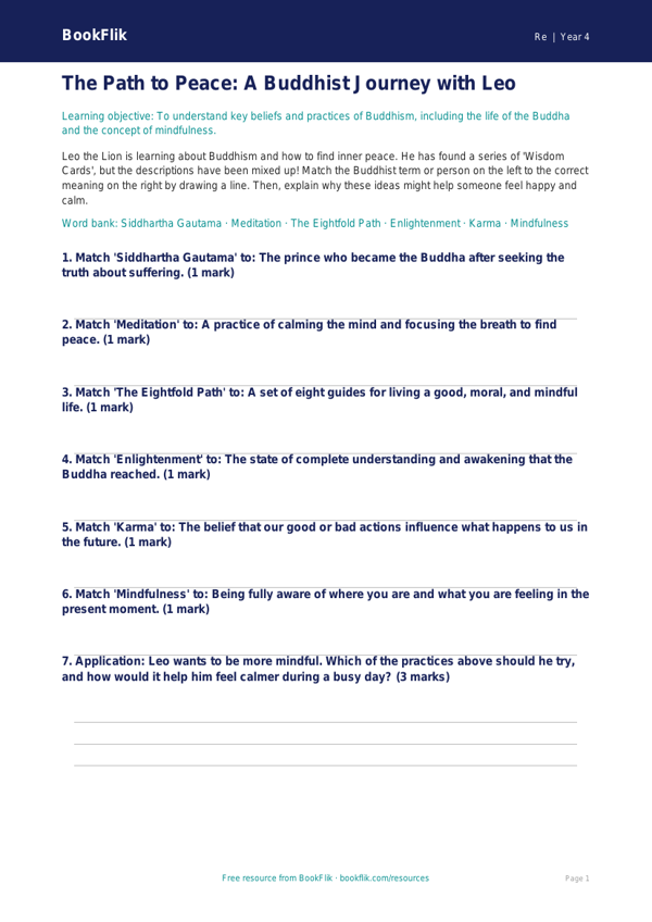 Free Buddhism Activity Sheet | Class 4 | EVS / Moral Education | BookFlik worksheet preview — Re Buddhism