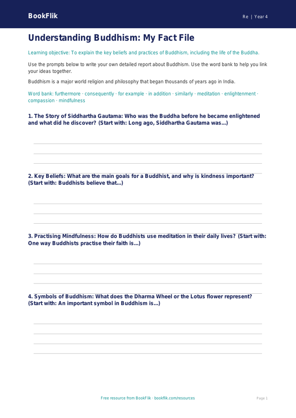 Free Buddhism Writing Frame | Class 4 | EVS / Moral Education | BookFlik worksheet preview — Re Buddhism