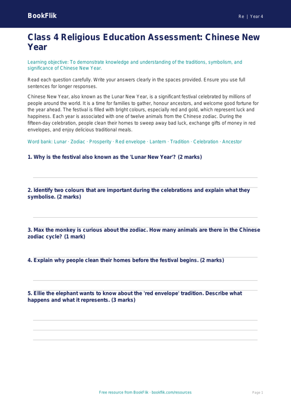 Chinese New Year Assessment | Class 4 EVS | BookFlik worksheet preview — Re Chinese New Year