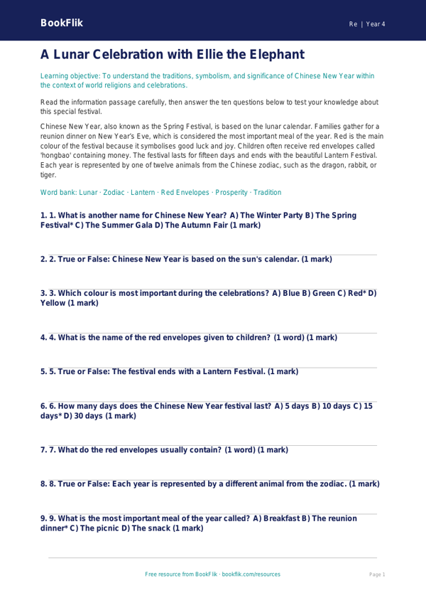 Free Chinese New Year Quiz | Class 4 | EVS / Moral Education | BookFlik worksheet preview — Re Chinese New Year