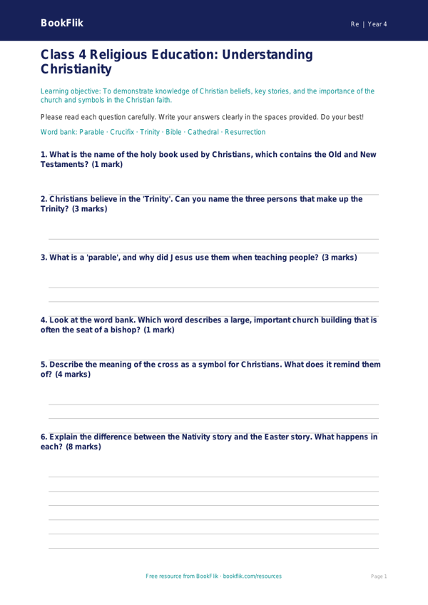 Christianity Assessment for Class 4 | EVS & Moral Education | BookFlik worksheet preview — Re Christianity