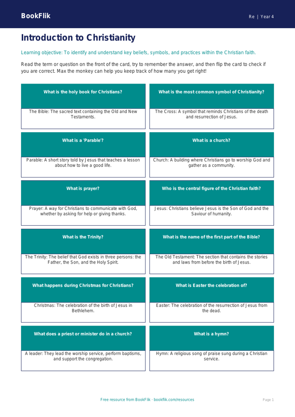 Christianity Flashcards for Class 4 | EVS & Moral Education | BookFlik worksheet preview — Re Christianity