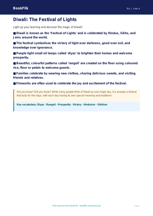 Free Diwali Poster | Class 4 | EVS / Moral Education | BookFlik worksheet preview — Re Diwali