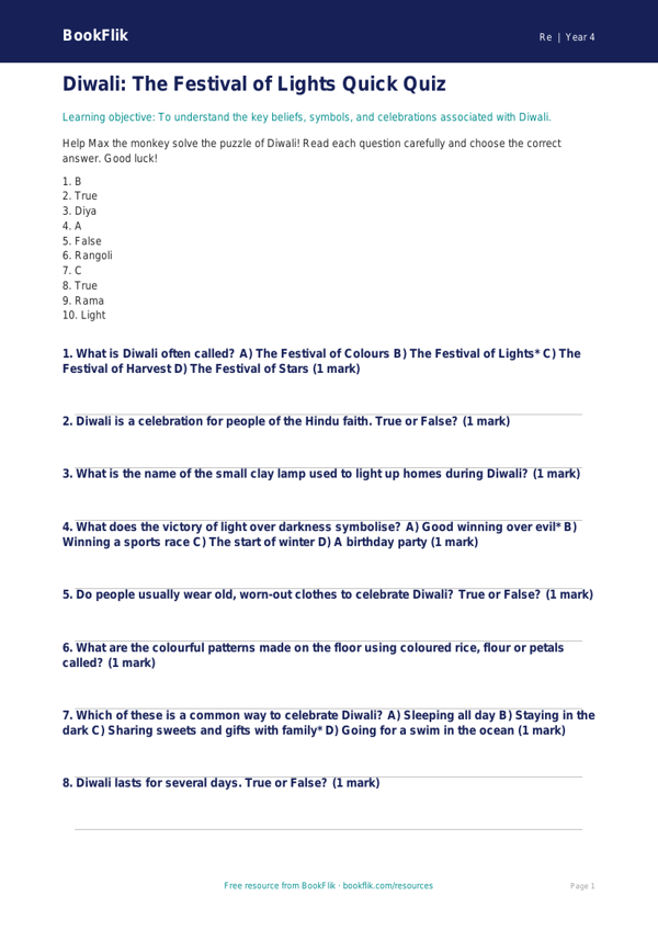 Free Diwali Quiz | Class 4 | EVS / Moral Education | BookFlik worksheet preview — Re Diwali