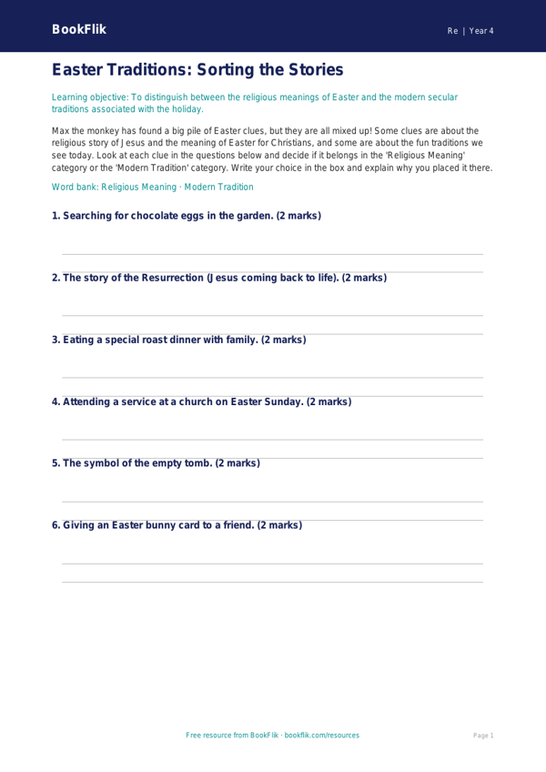 Free Easter Activity Sheet | Class 4 | EVS / Moral Education | BookFlik worksheet preview — Re Easter