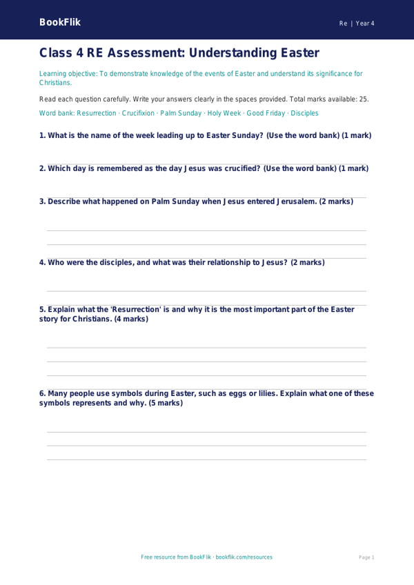 Free Easter Assessment | Class 4 | EVS / Moral Education | BookFlik worksheet preview — Re Easter