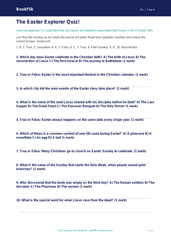 Easter Quiz for Class 4 | EVS & Moral Education | BookFlik worksheet preview — Re Easter