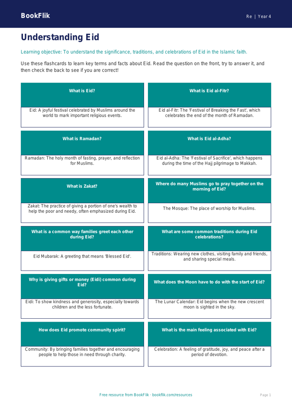 Free Eid Flashcards | Class 4 | EVS / Moral Education | BookFlik worksheet preview — Re Eid