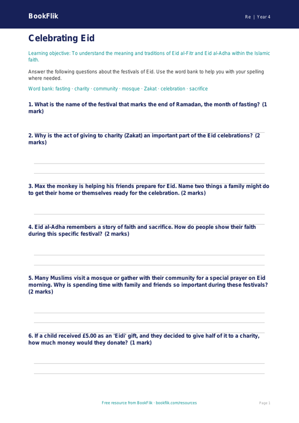 Free Eid Worksheet | Class 4 | EVS / Moral Education | BookFlik worksheet preview — Re Eid