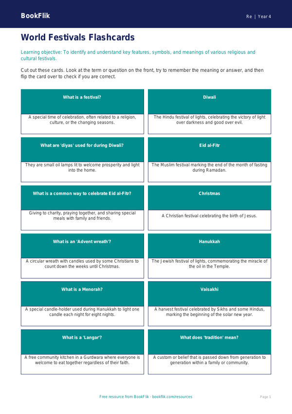 Free Festivals Flashcards | Class 4 | EVS / Moral Education | BookFlik worksheet preview — Re Festivals