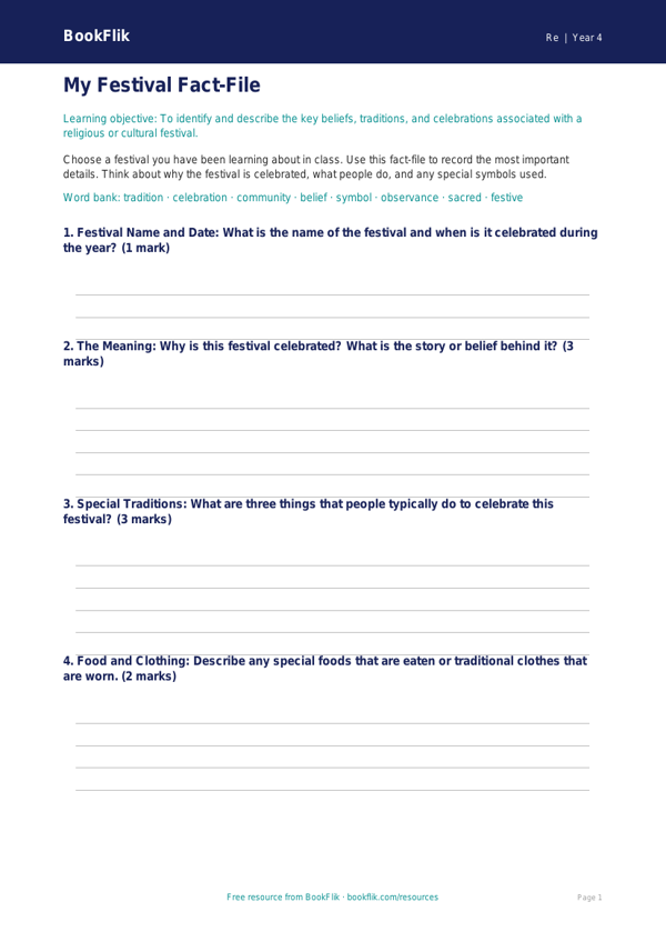 Free Festivals Template | Class 4 | EVS / Moral Education | BookFlik worksheet preview — Re Festivals