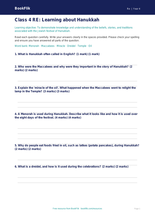 Hanukkah Assessment for Class 4 | EVS & Moral Education | BookFlik worksheet preview — Re Hanukkah
