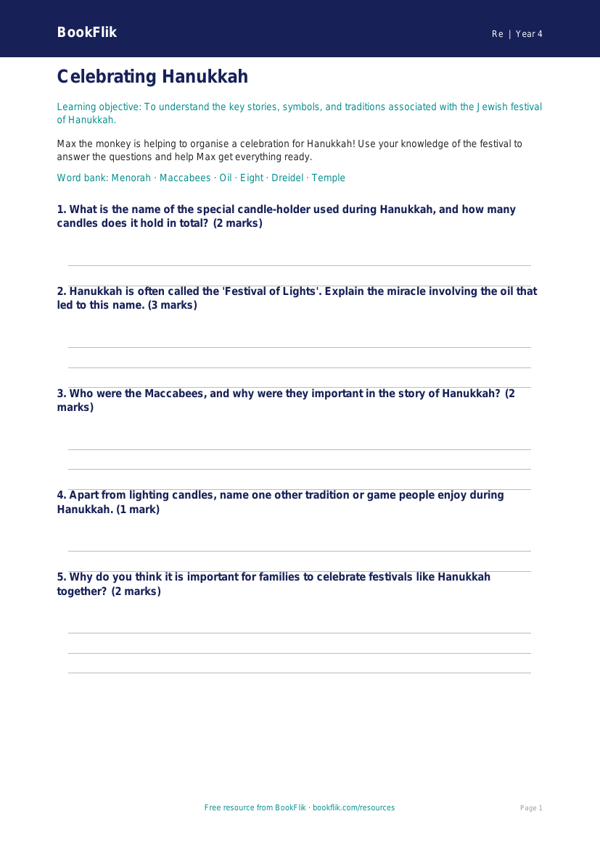 Hanukkah Worksheet for Class 4 | EVS & Moral Education | BookFlik worksheet preview — Re Hanukkah