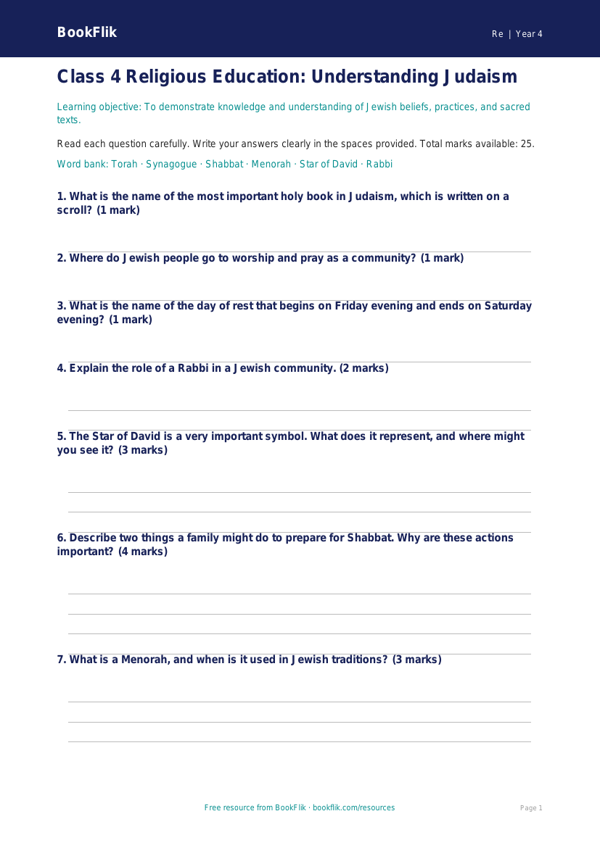 Free Judaism Assessment | Class 4 | EVS / Moral Education | BookFlik worksheet preview — Re Judaism